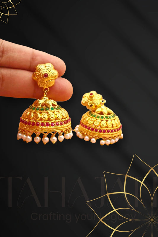 Madrassi Handmade Jhumkas with Meenakari Work & Pearl Latkan