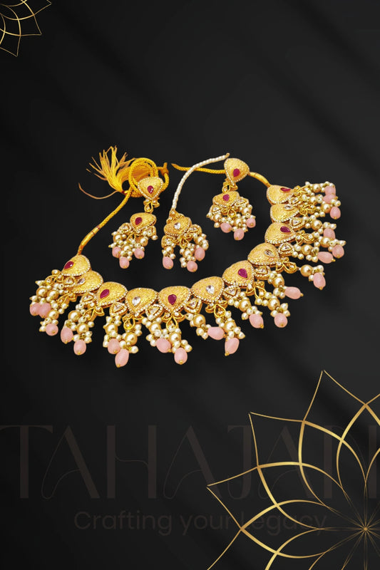 Handmade Bridal Necklace with Pink Pearls & Red Stone Drops