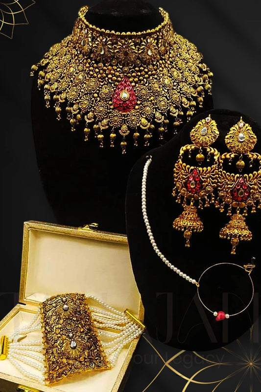 Artificial Gold Handmade Madrassi Bridal Set with Red Center Stone