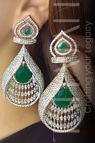 Silver Earrings with Emerald Green Teardrop Accent