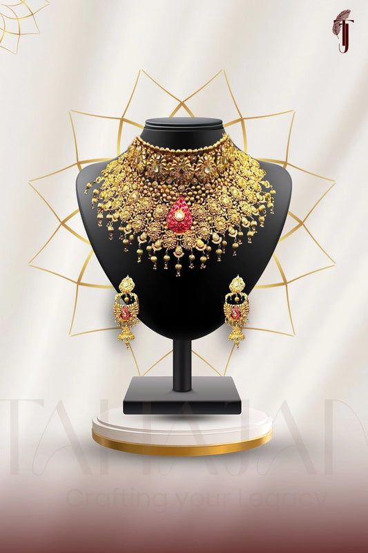 Artificial Gold Handmade Madrassi Bridal Set with Red Center Stone