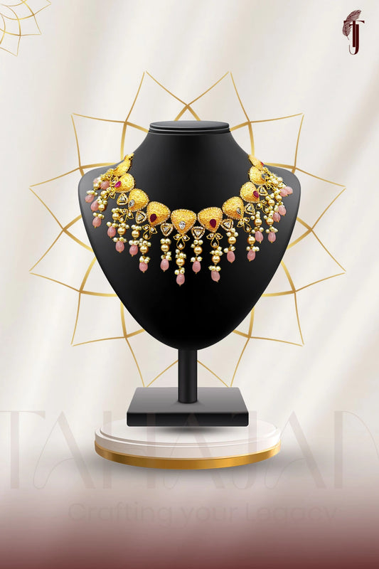 Handmade Bridal Necklace with Pink Pearls & Red Stone Drops