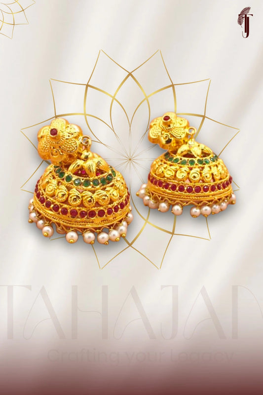 Madrassi Handmade Jhumkas with Meenakari Work & Pearl Latkan