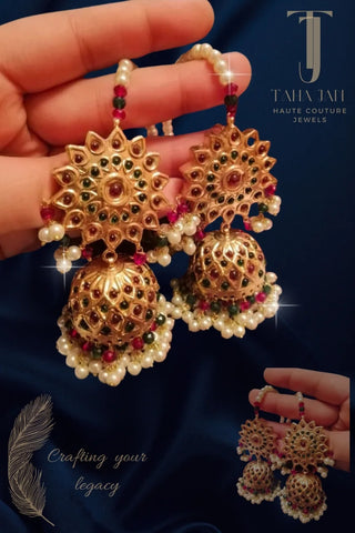 Gold-Plated Thapa Kundan Jhumkas with Pearl and Gemstone Detailing